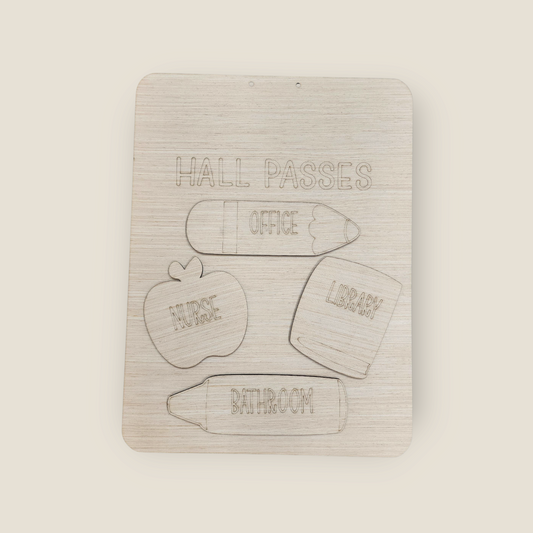 Unfinished wood craft kit for a teacher's "Hall Passes" station, with four shaped passes for office, nurse, library, and bathroom.